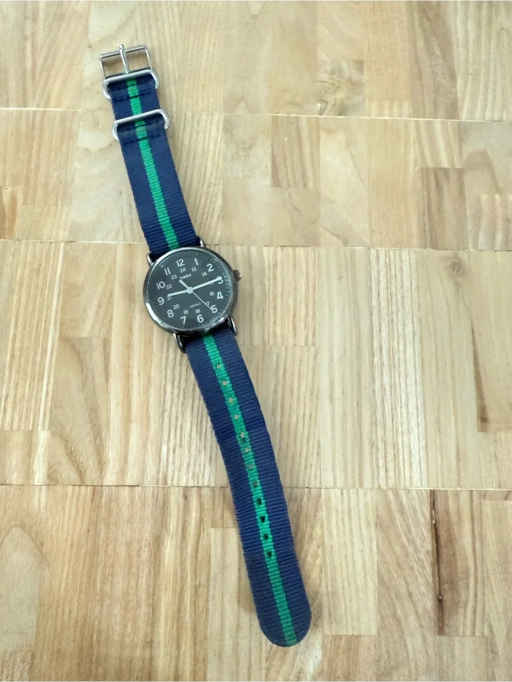 Timex weekender charcoal dial green navy blue stripe strap watch NEW BATTERY